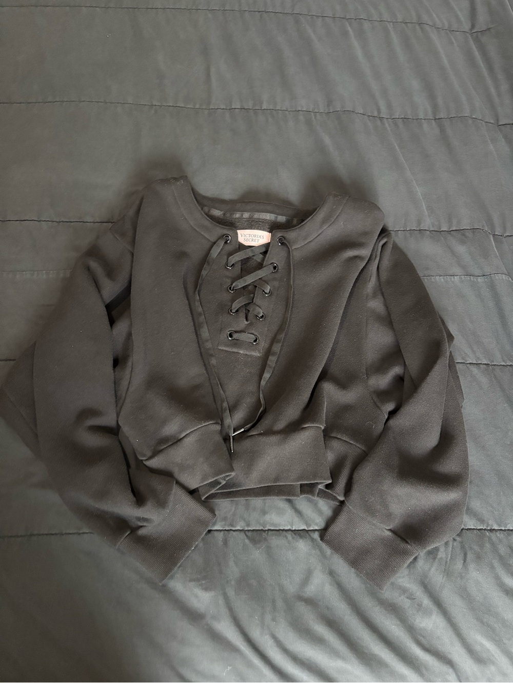 Victoria's Secret Oversized Black Lace-Up Cropped Sweatshirt